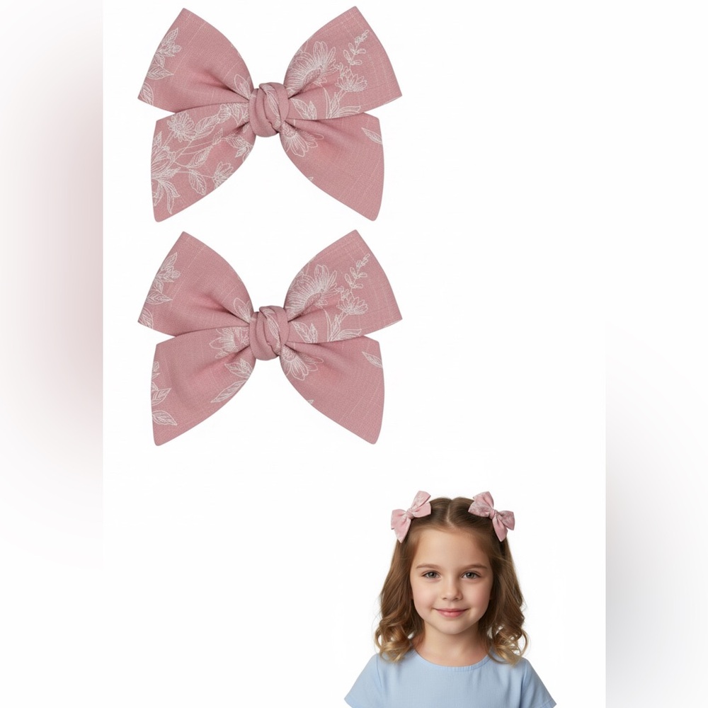 2 Pink Floral Hair Bows for Kids/ with clips
